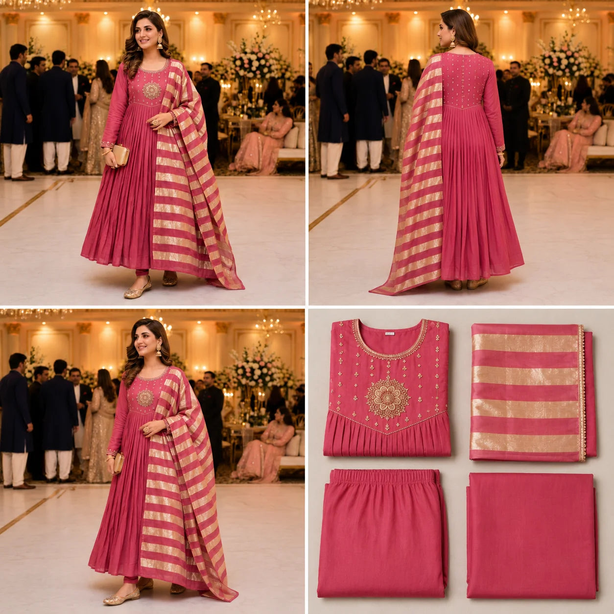 Women's Rose Pink Embroidered Anarkali Kurta Pant Set with Striped Dupatta