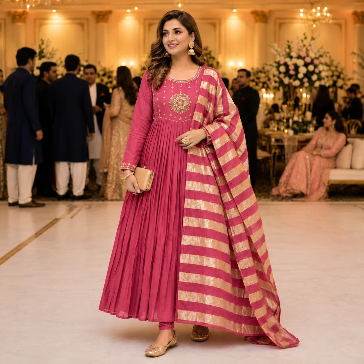 Women's Rose Pink Embroidered Anarkali Kurta Pant Set with Striped Dupatta