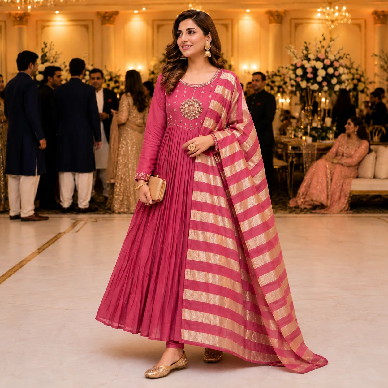 Women's Rose Pink Embroidered Anarkali Kurta Pant Set with Striped Dupatta