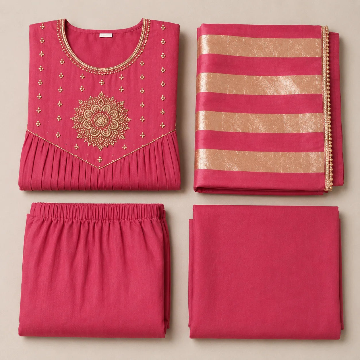 Women's Rose Pink Embroidered Anarkali Kurta Pant Set with Striped Dupatta
