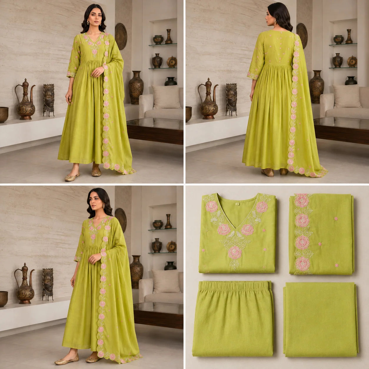 Women's Lime Green Embroidered Anarkali Kurta Set with Floral Dupatta