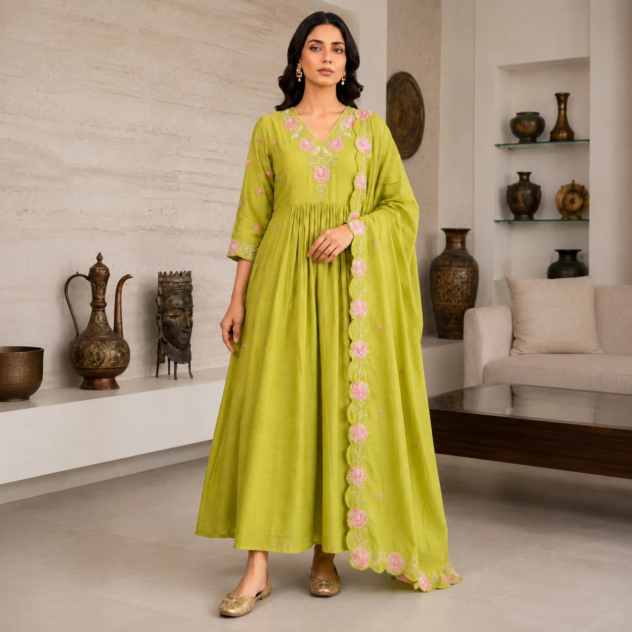 Women's Lime Green Embroidered Anarkali Kurta Set with Floral Dupatta