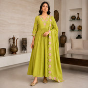 Women's Lime Green Embroidered Anarkali Kurta Set with Floral Dupatta