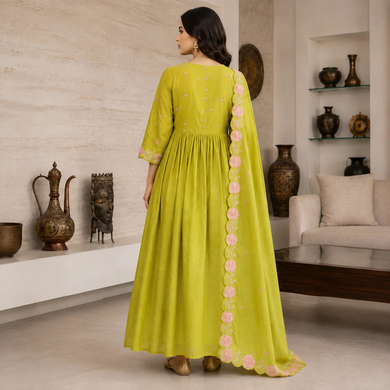 Women's Lime Green Embroidered Anarkali Kurta Set with Floral Dupatta