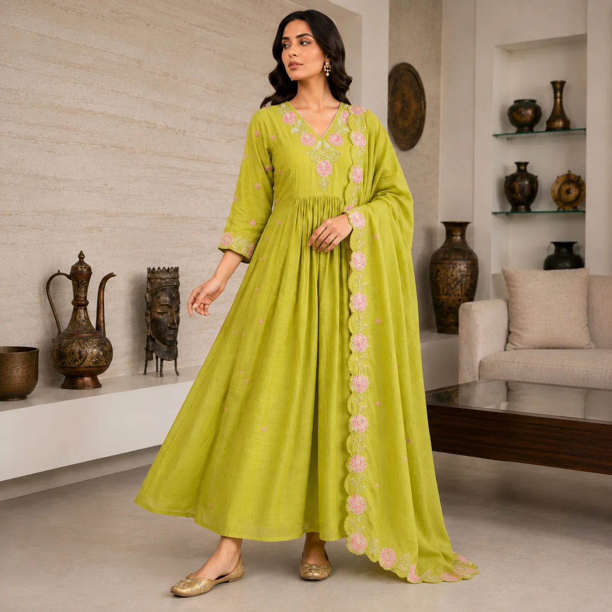 Women's Lime Green Embroidered Anarkali Kurta Set with Floral Dupatta