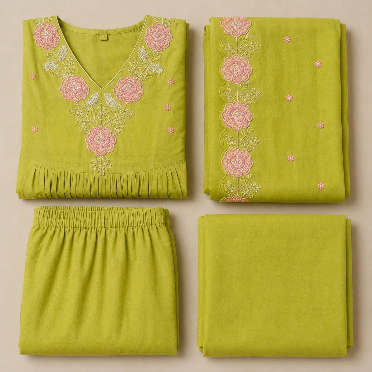 Women's Lime Green Embroidered Anarkali Kurta Set with Floral Dupatta