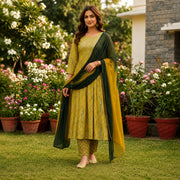 Women's Mustard Yellow Embroidered Anarkali Kurta Pant Set with Dual Tone Dupatta