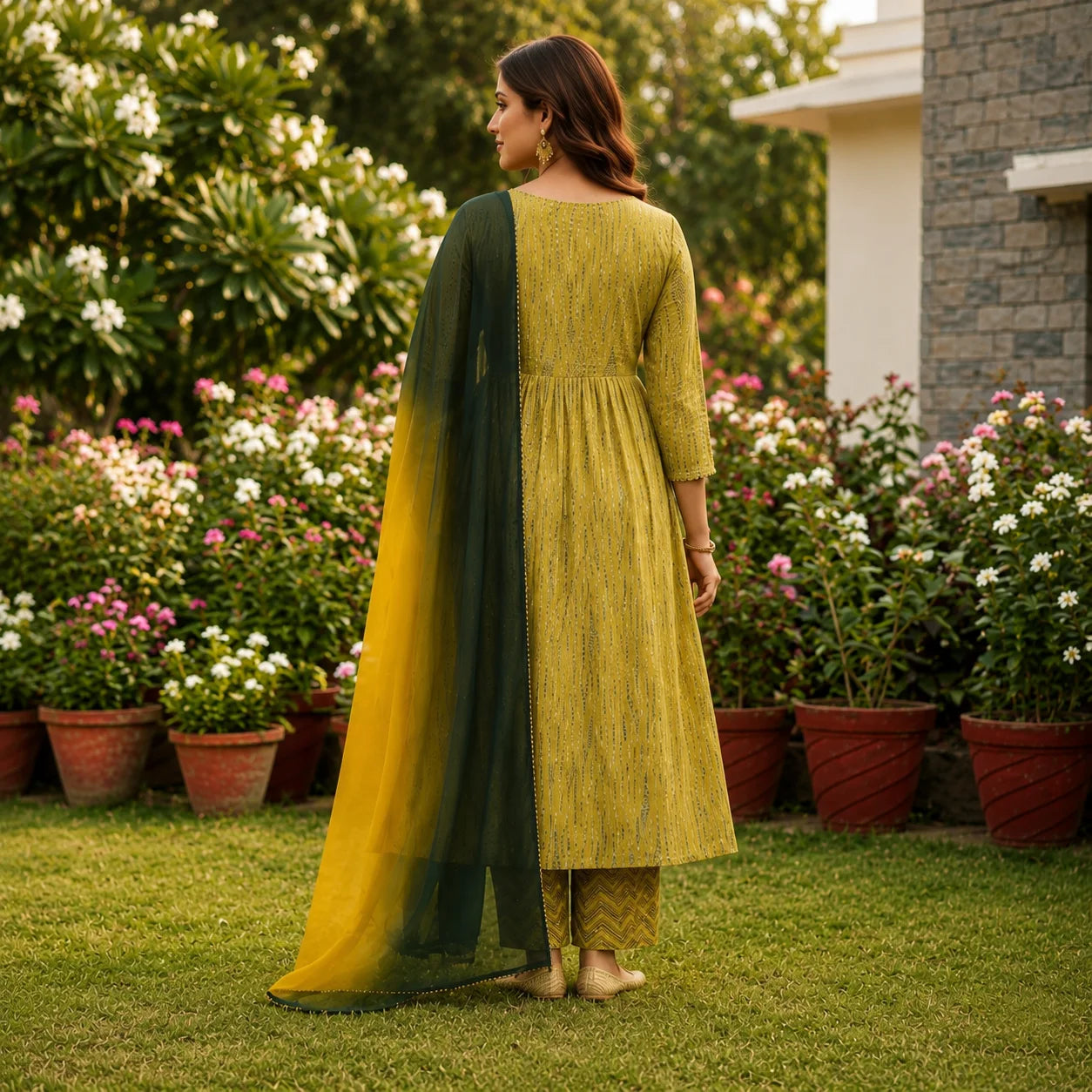 Women's Mustard Yellow Embroidered Anarkali Kurta Pant Set with Dual Tone Dupatta