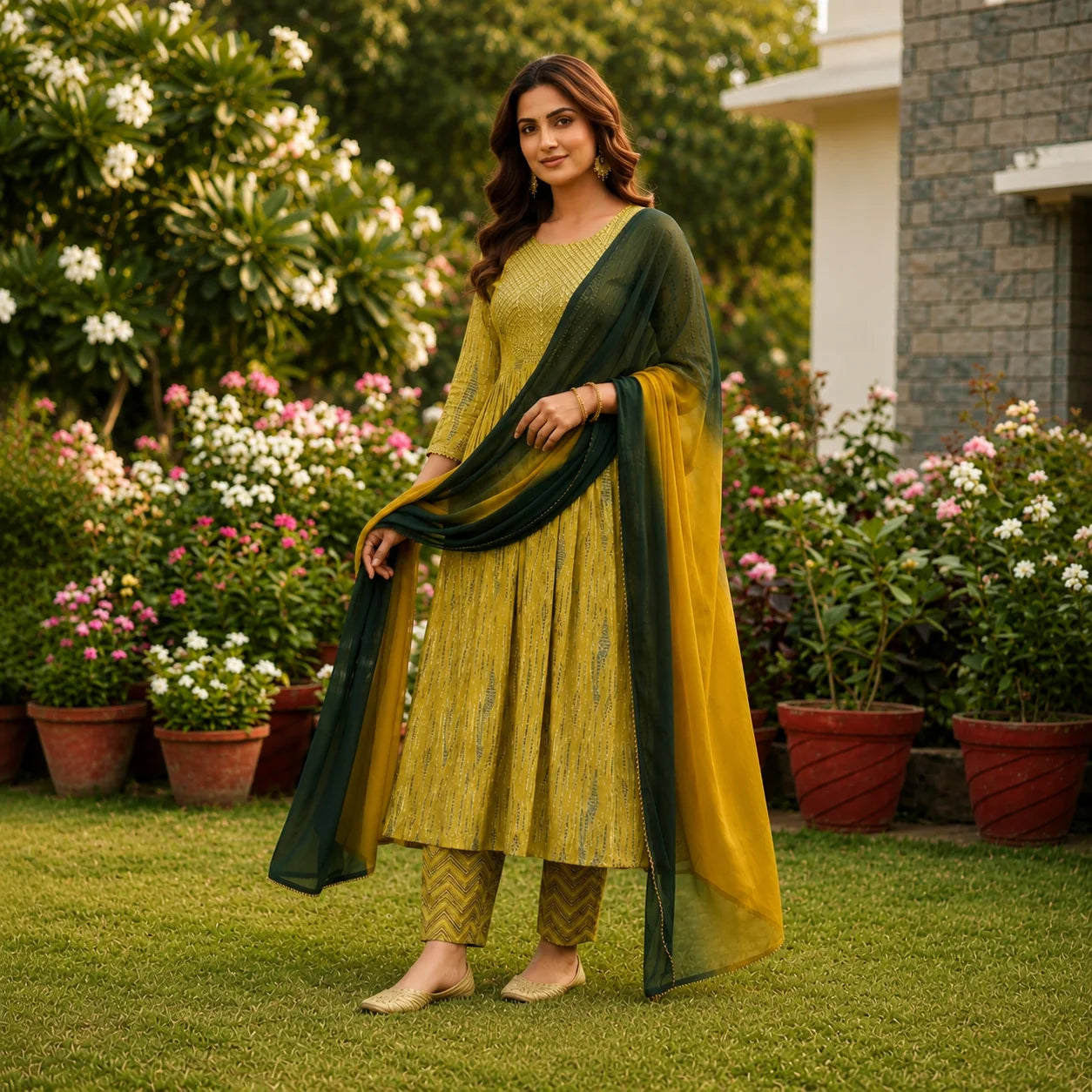 Women's Mustard Yellow Embroidered Anarkali Kurta Pant Set with Dual Tone Dupatta