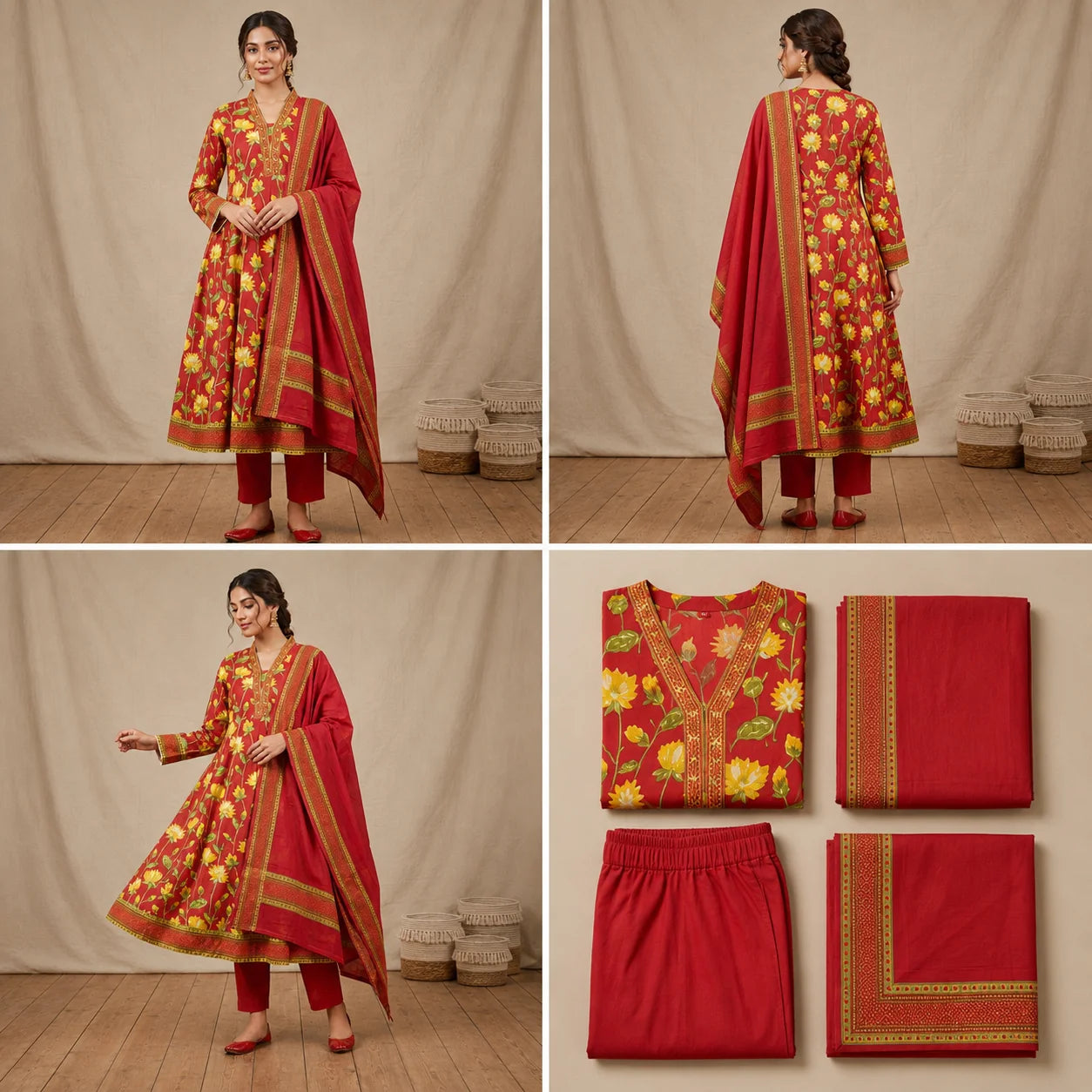 Women's Red Floral Printed Anarkali Kurta Pant Set with Dupatta
