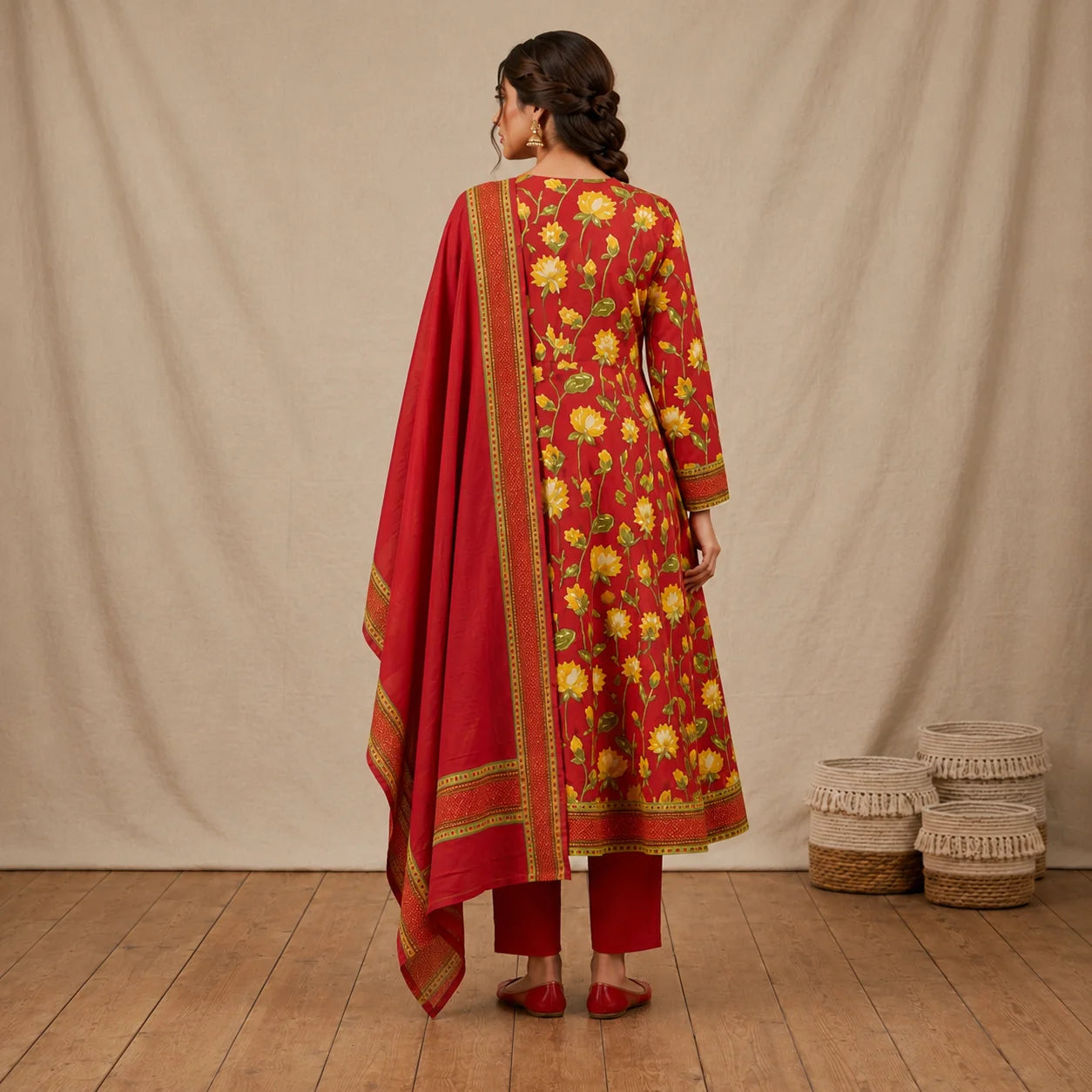 Women's Red Floral Printed Anarkali Kurta Pant Set with Dupatta