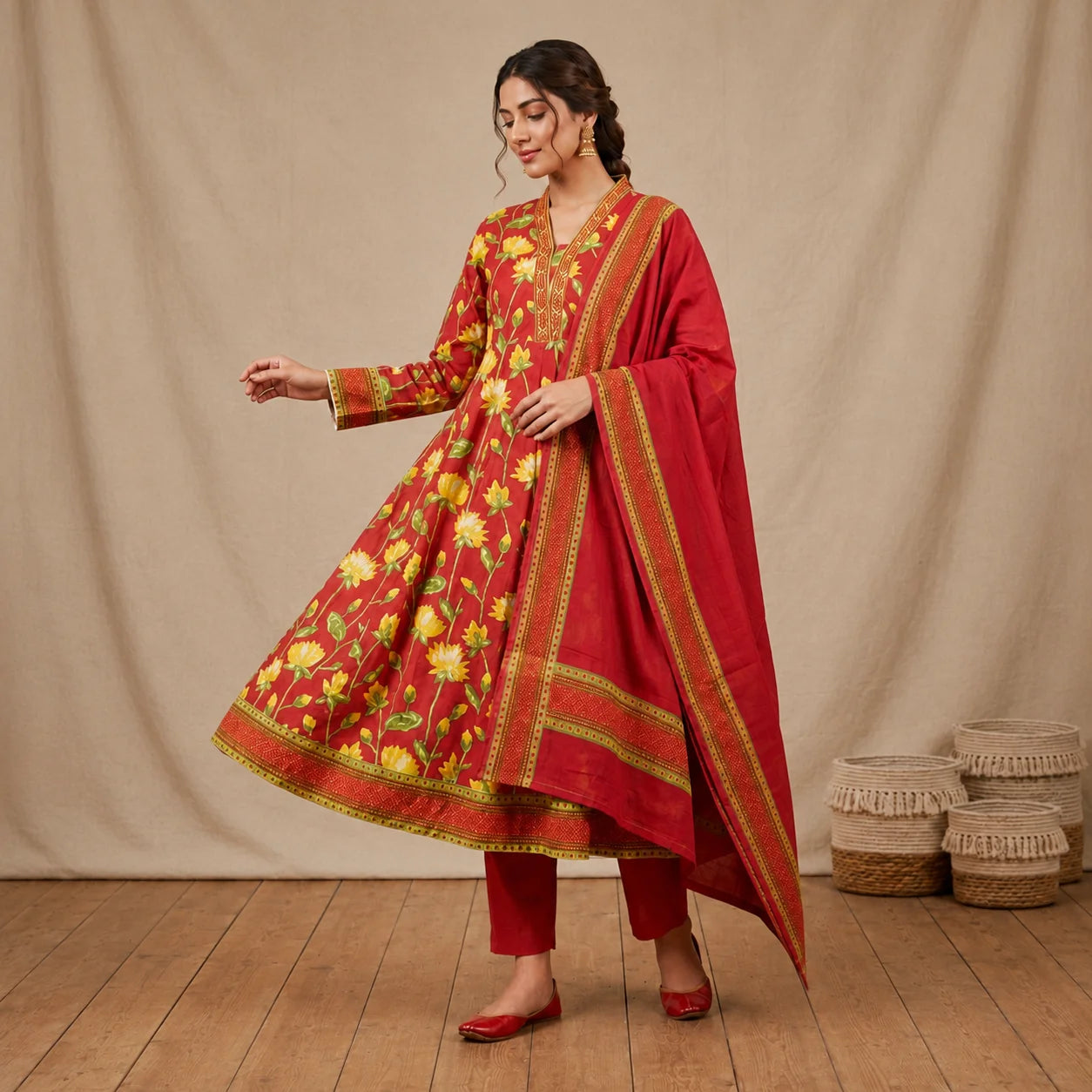 Women's Red Floral Printed Anarkali Kurta Pant Set with Dupatta