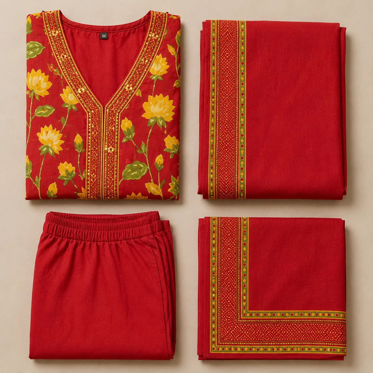 Women's Red Floral Printed Anarkali Kurta Pant Set with Dupatta