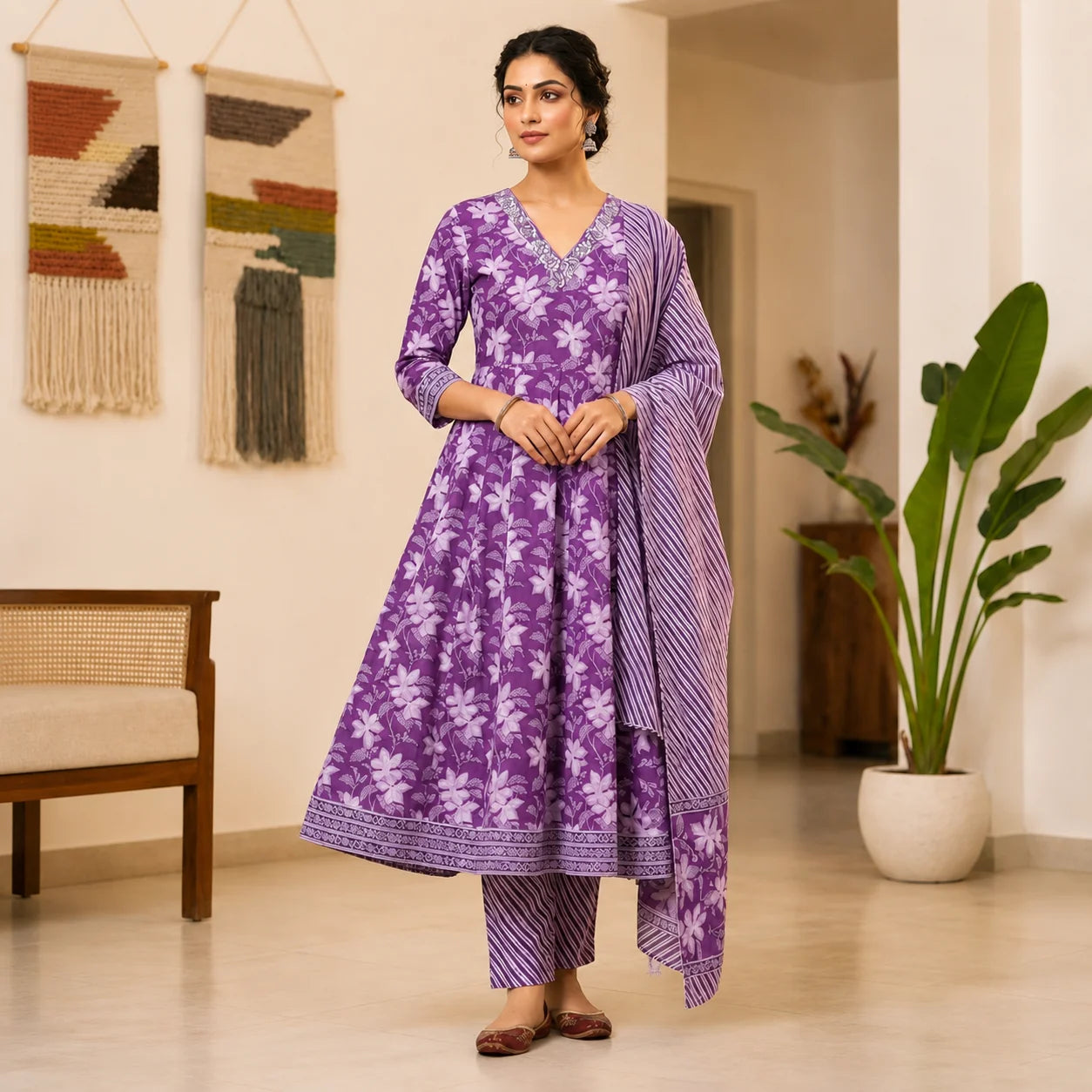 Women's Purple Floral Printed Anarkali Kurta Pant Set with Dupatta