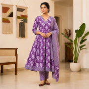 Women's Purple Floral Printed Anarkali Kurta Pant Set with Dupatta