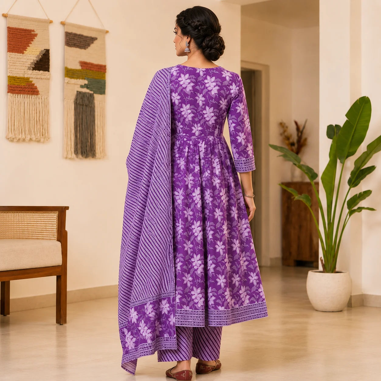 Women's Purple Floral Printed Anarkali Kurta Pant Set with Dupatta
