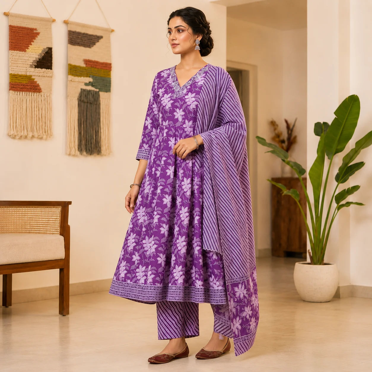 Women's Purple Floral Printed Anarkali Kurta Pant Set with Dupatta