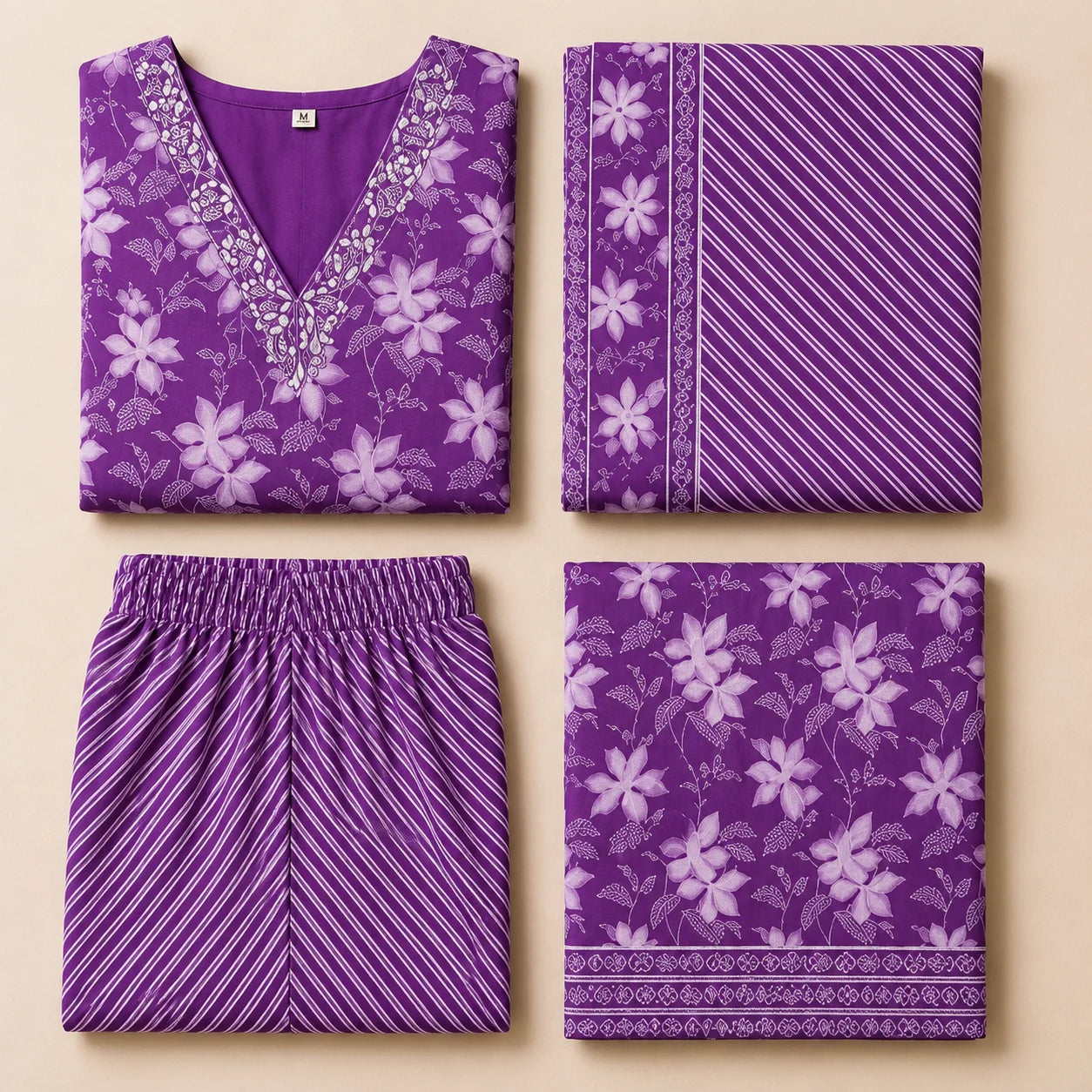 Women's Purple Floral Printed Anarkali Kurta Pant Set with Dupatta