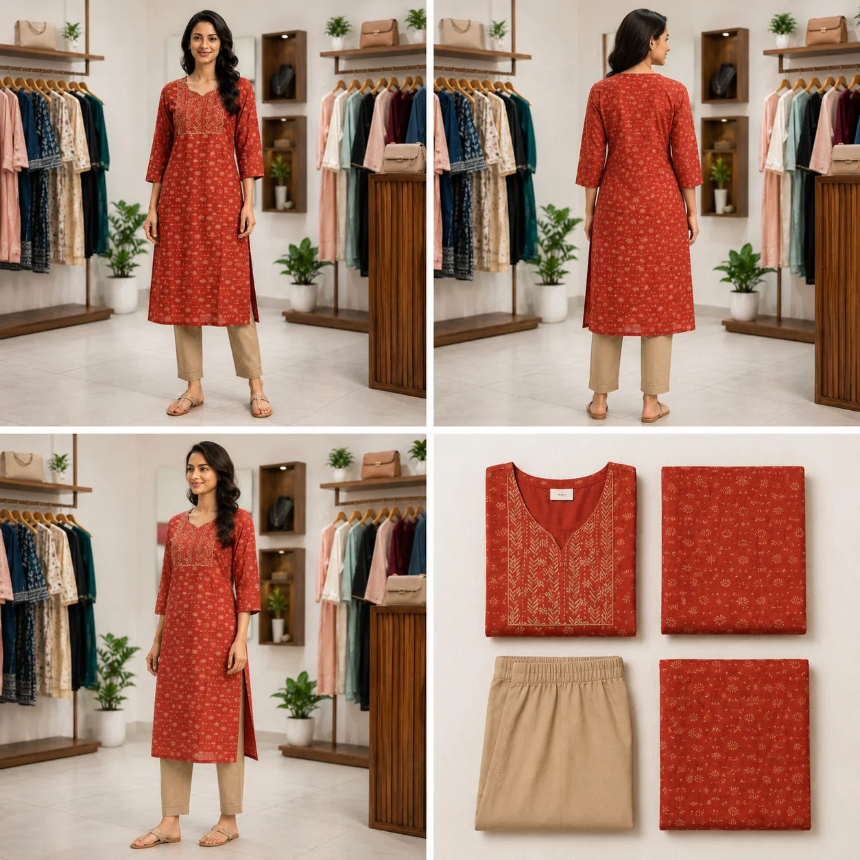 Women's Rust Printed Straight Kurta with Beige Pants