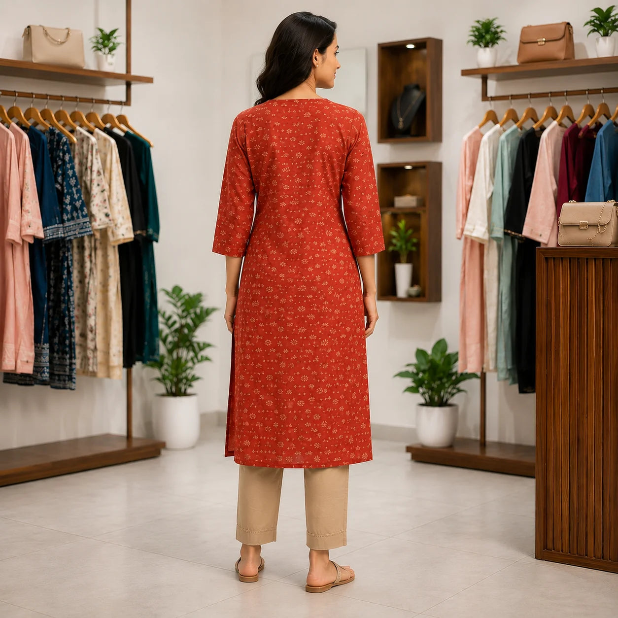 Women's Rust Printed Straight Kurta with Beige Pants