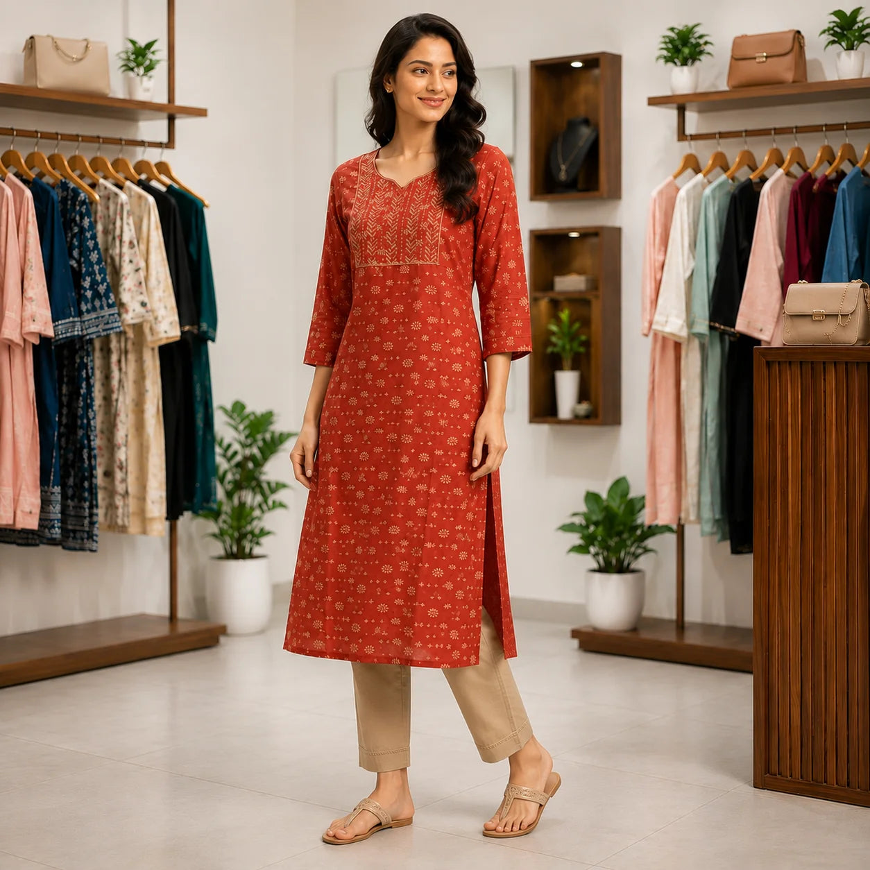 Women's Rust Printed Straight Kurta with Beige Pants