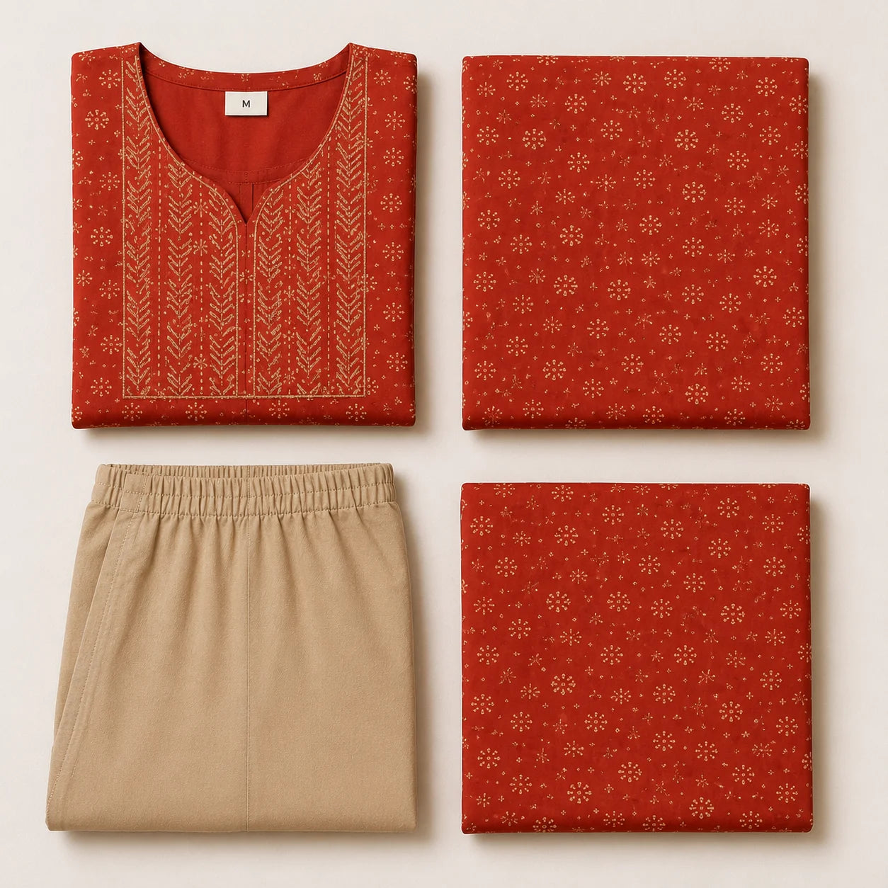 Women's Rust Printed Straight Kurta with Beige Pants