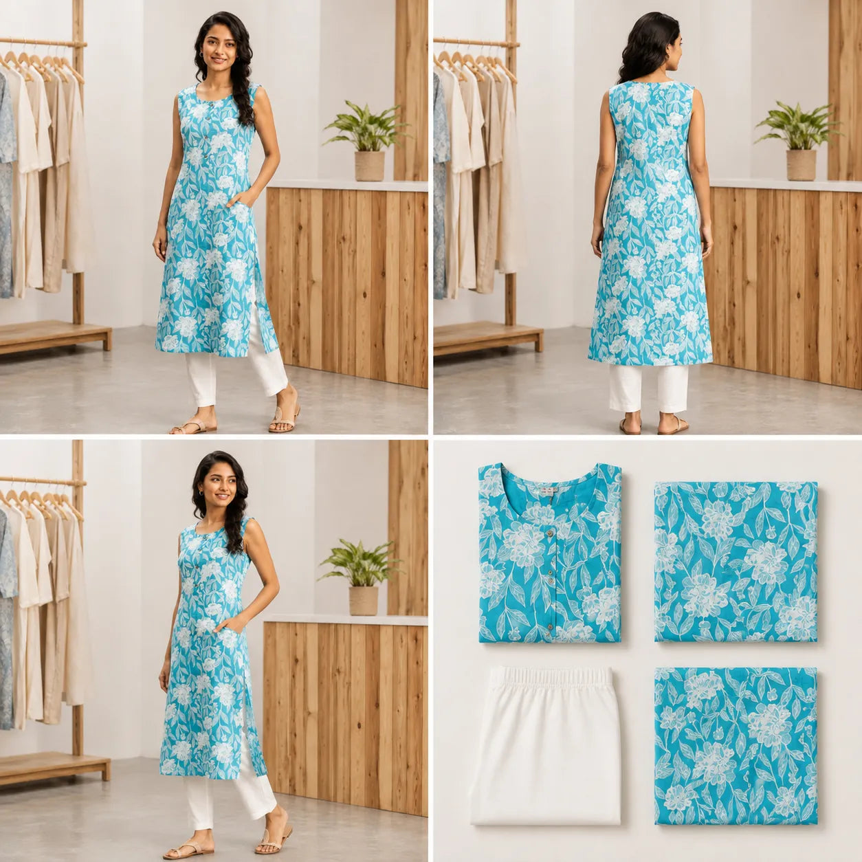 Women's Sky Blue Floral Printed Sleeveless Straight Kurta with White Pants