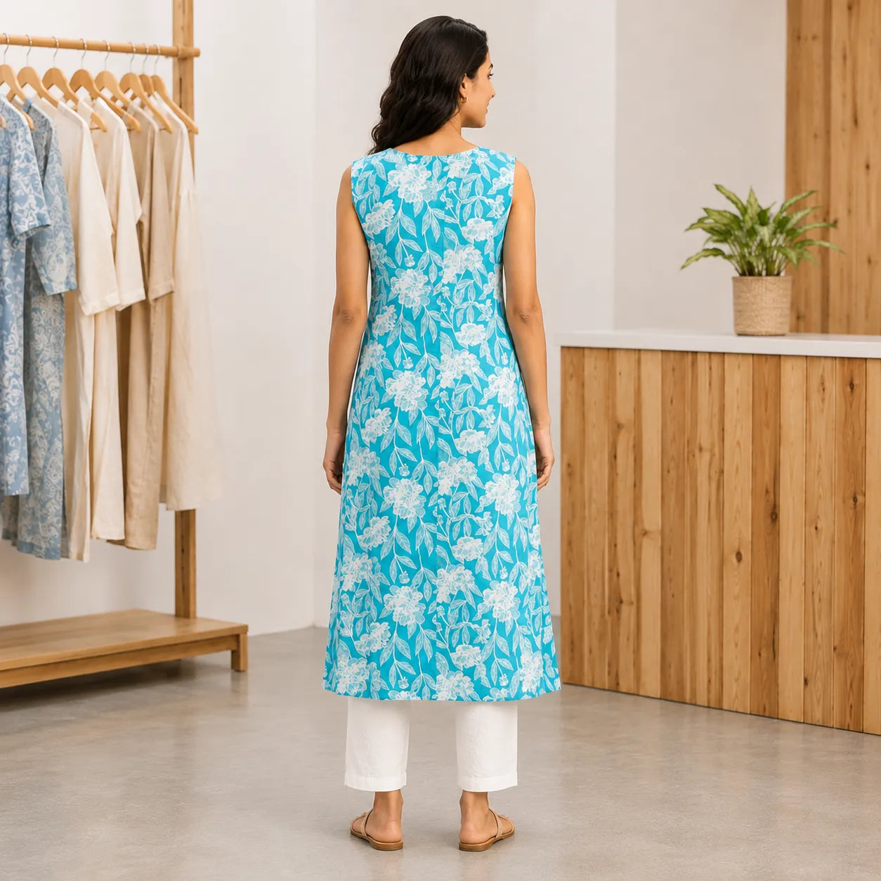 Women's Sky Blue Floral Printed Sleeveless Straight Kurta with White Pants