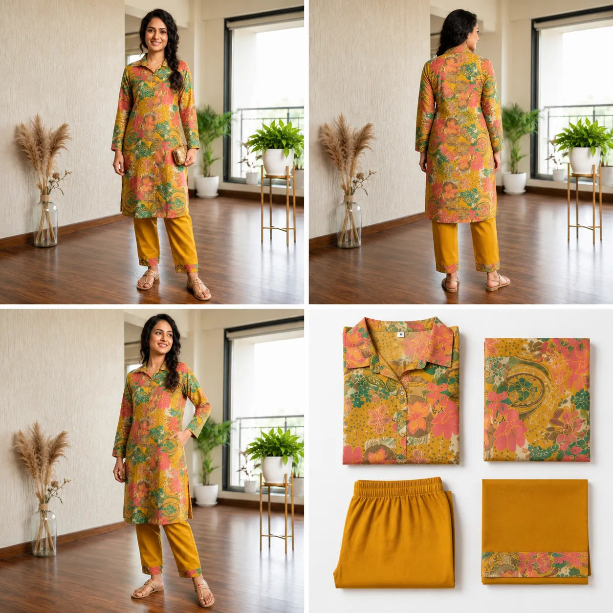 Women's Mustard Multicolor Floral Printed Straight Kurta with Pants