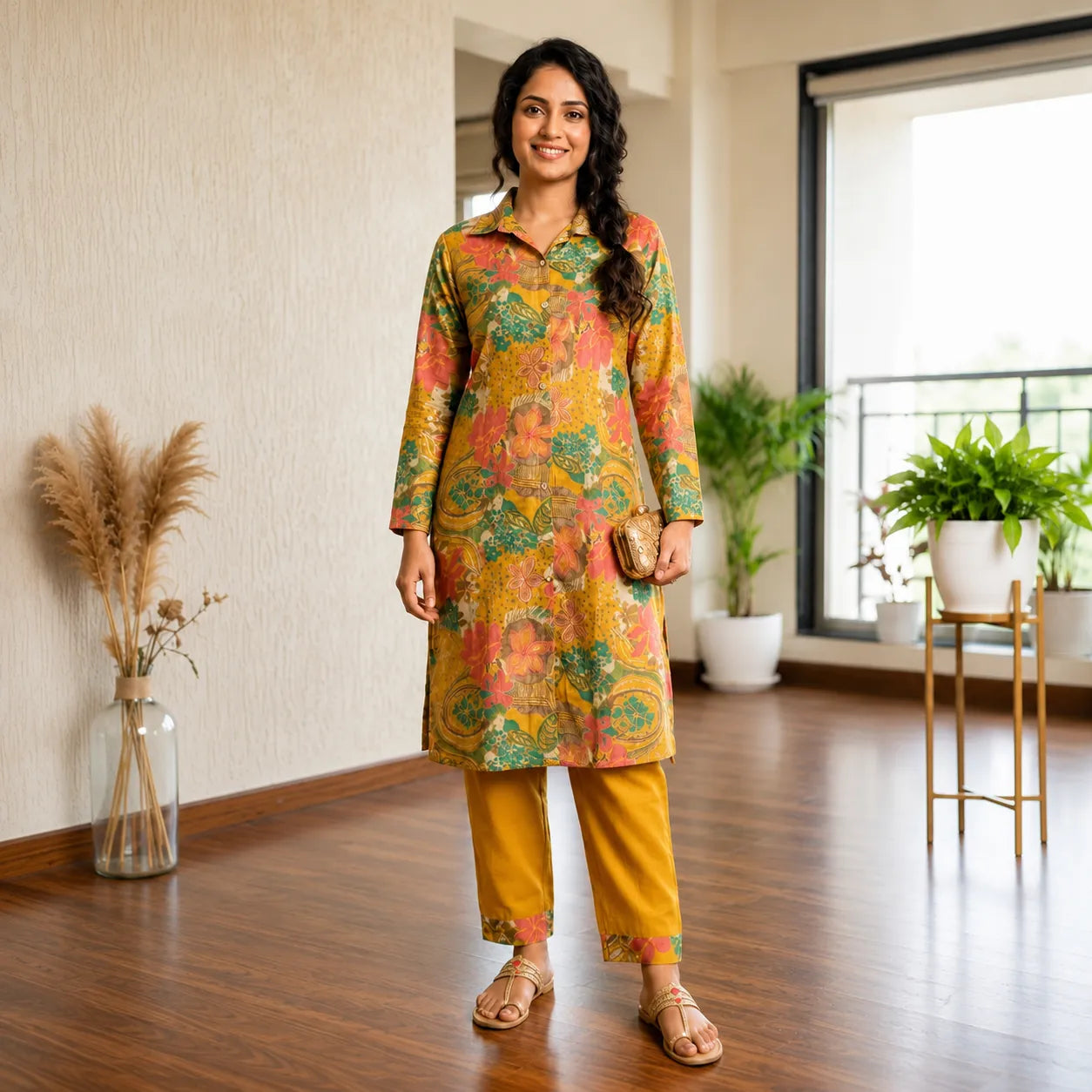 Women's Mustard Multicolor Floral Printed Straight Kurta with Pants