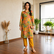 Women's Mustard Multicolor Floral Printed Straight Kurta with Pants