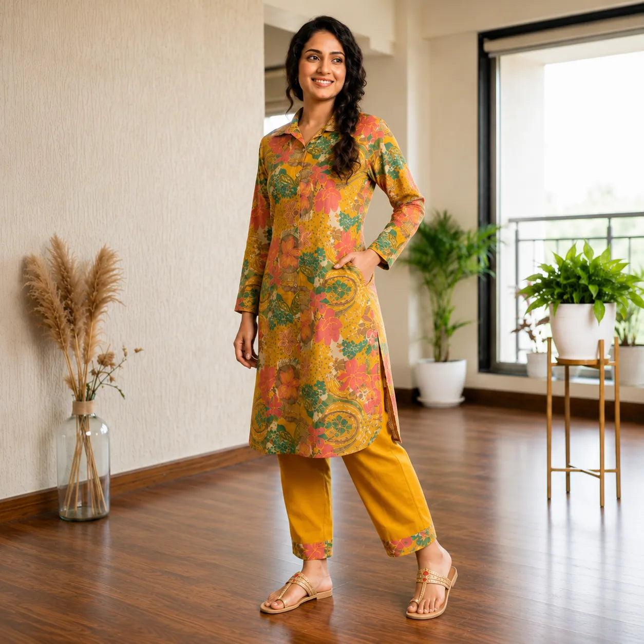 Women's Mustard Multicolor Floral Printed Straight Kurta with Pants