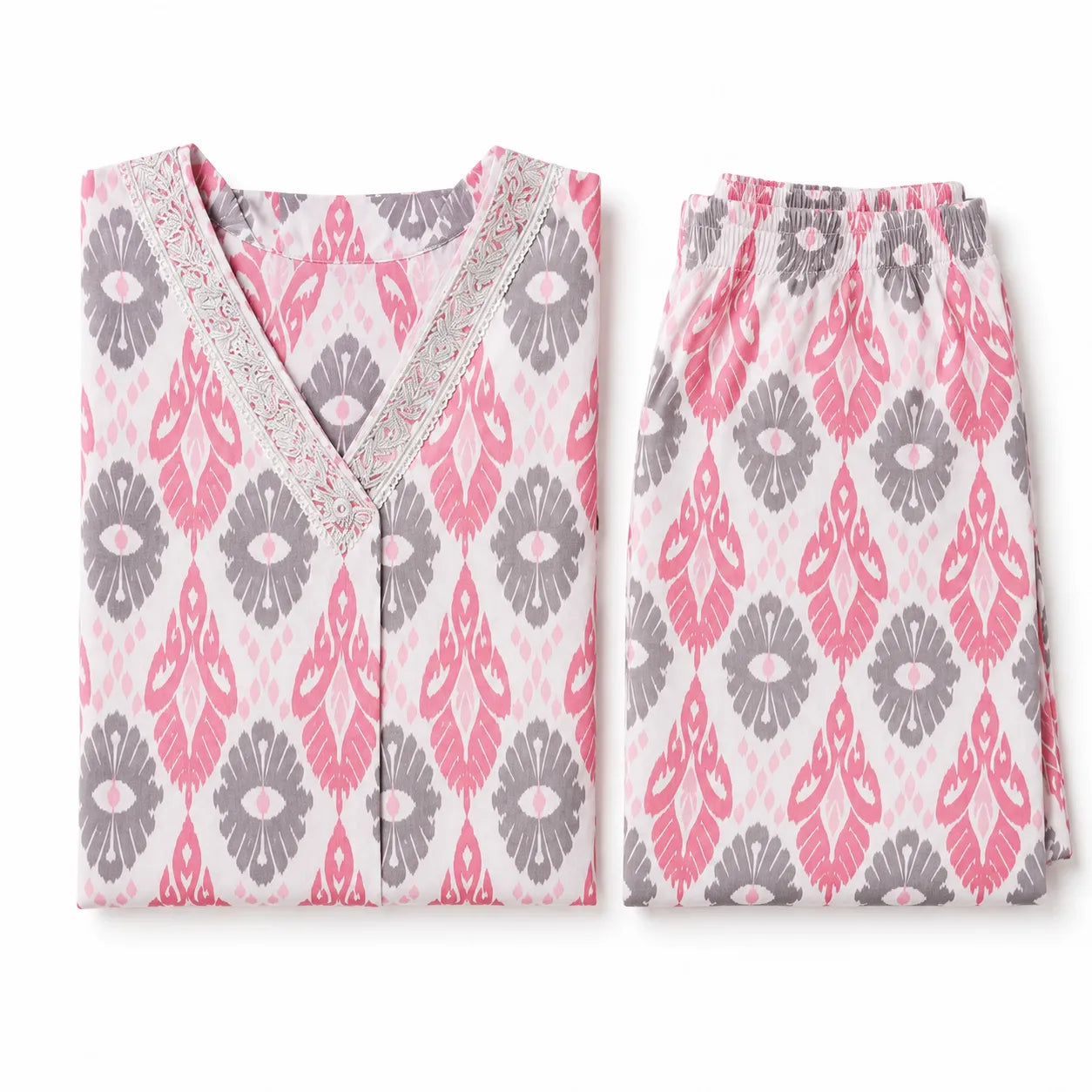 Women's White Pink Printed Straight Kurta Pant Set