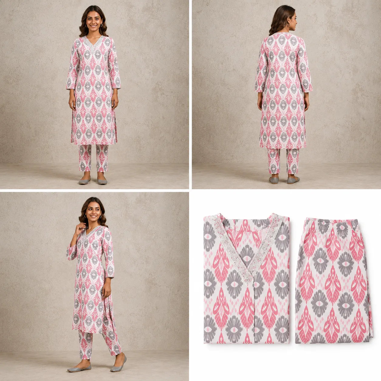 Women's White Pink Printed Straight Kurta Pant Set