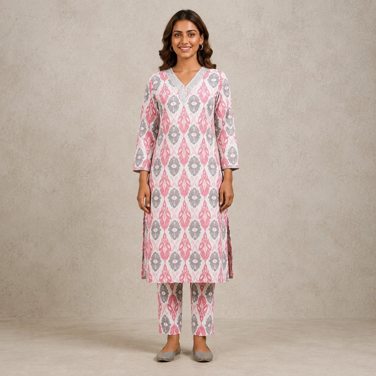 Women's White Pink Printed Straight Kurta Pant Set