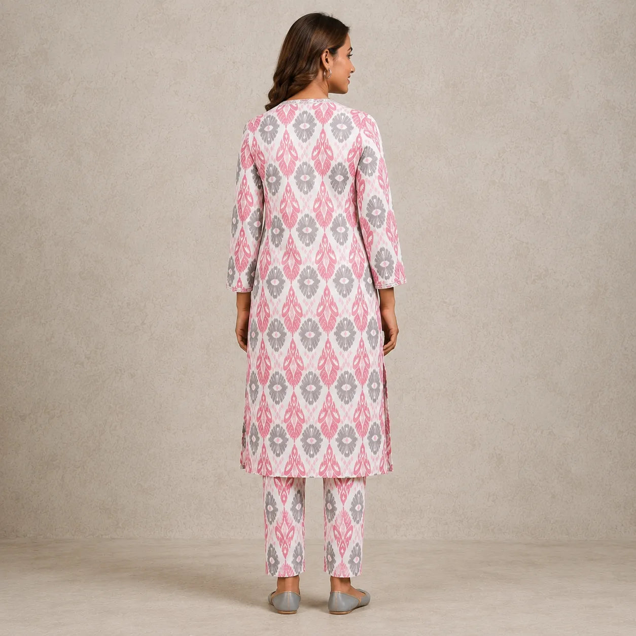 Women's White Pink Printed Straight Kurta Pant Set