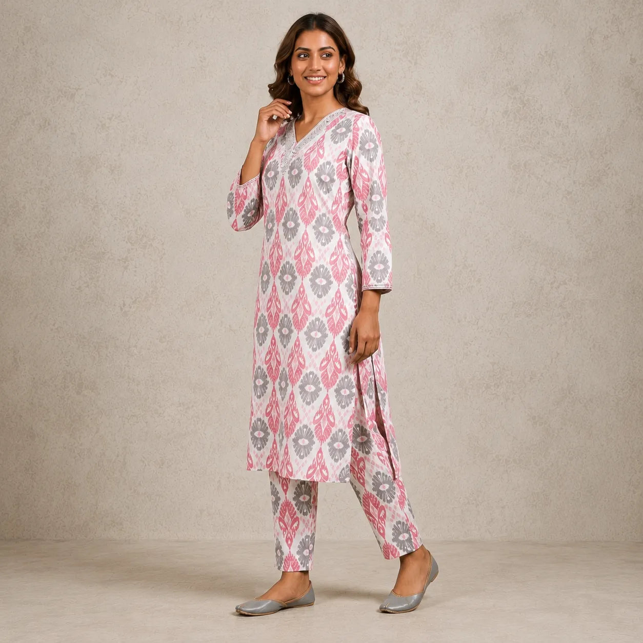 Women's White Pink Printed Straight Kurta Pant Set