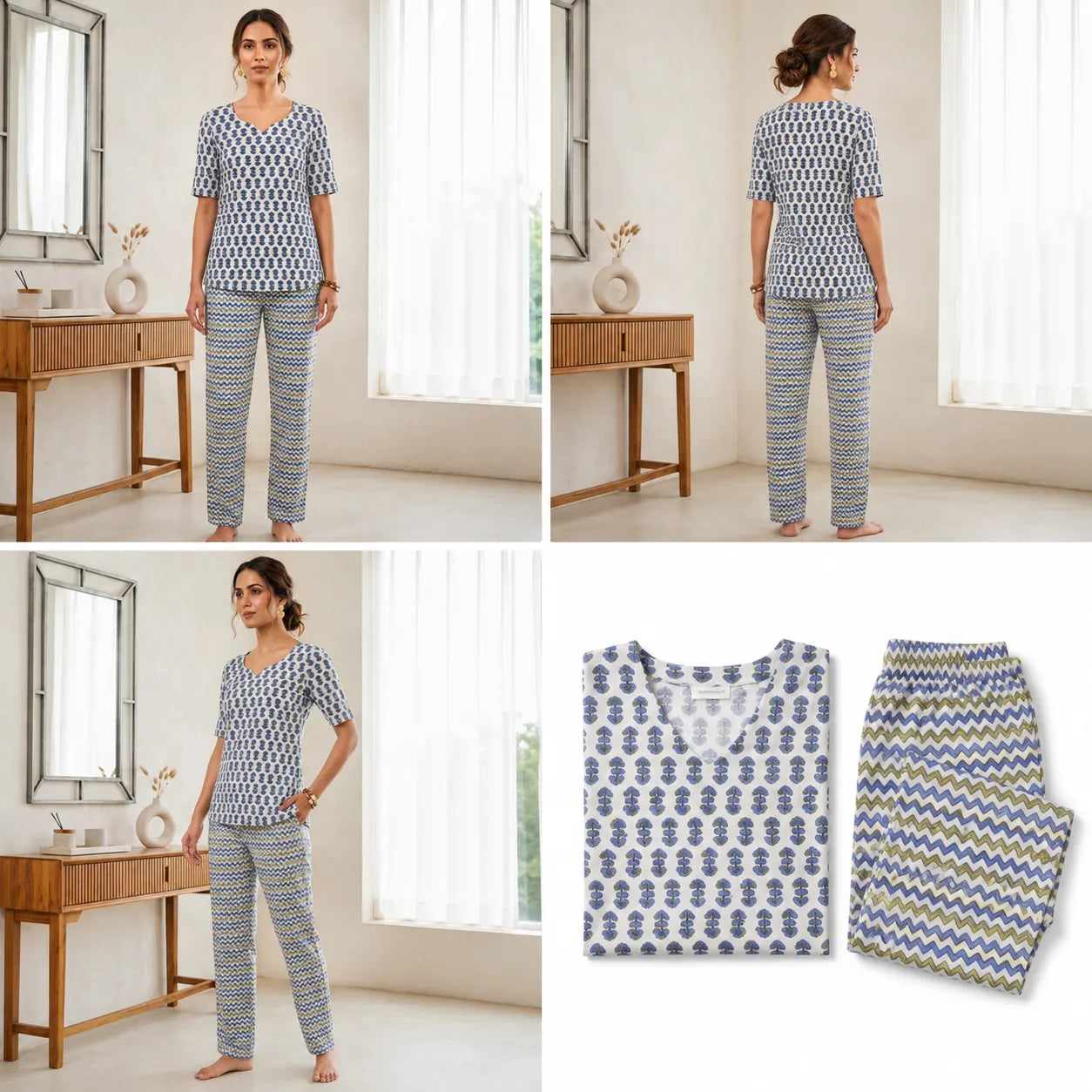 Women's White & Blue Printed Lounge Co-ord Set