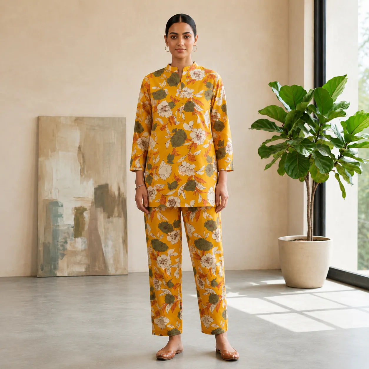 Women's Mustard Floral Printed Lounge Co-ord Set