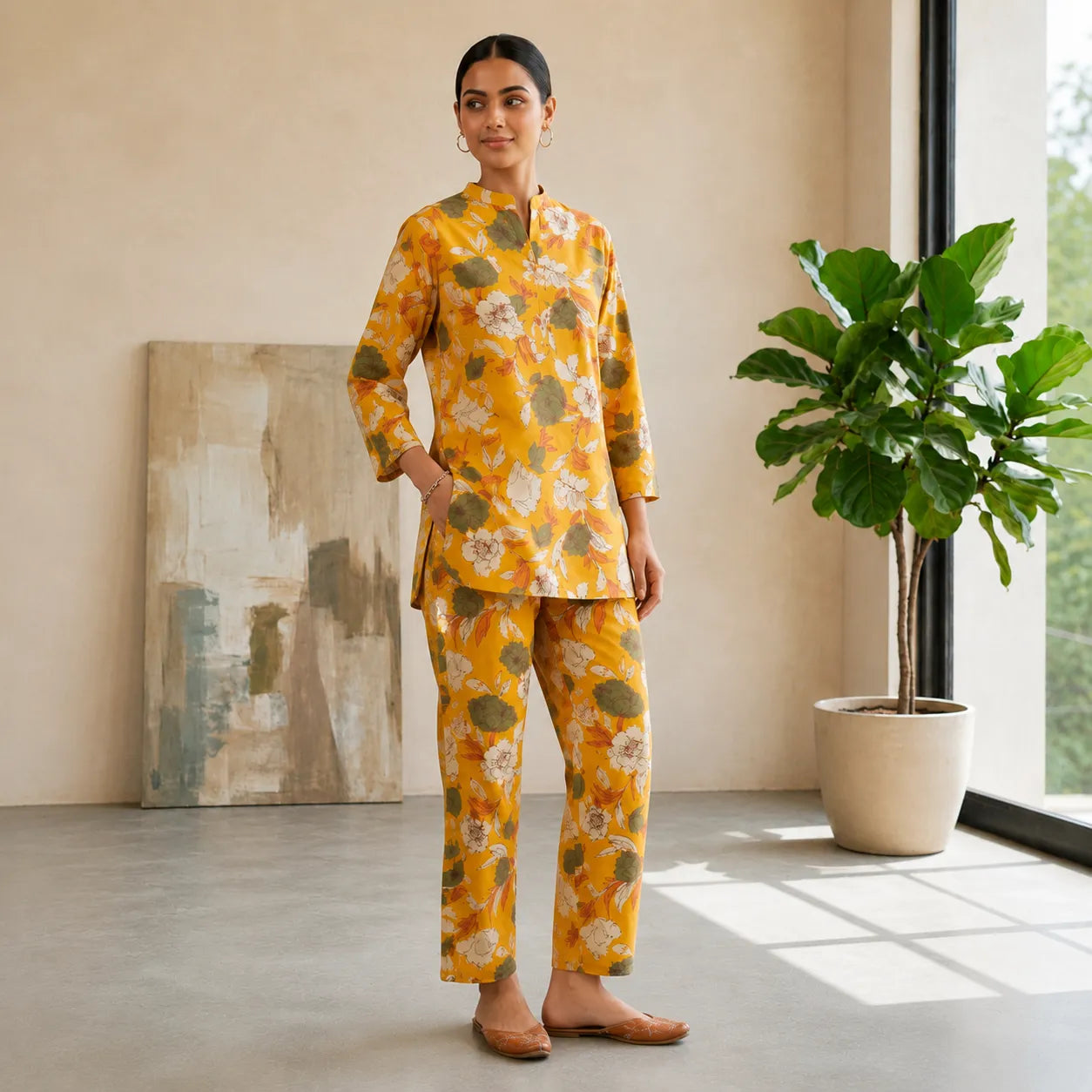 Women's Mustard Floral Printed Lounge Co-ord Set