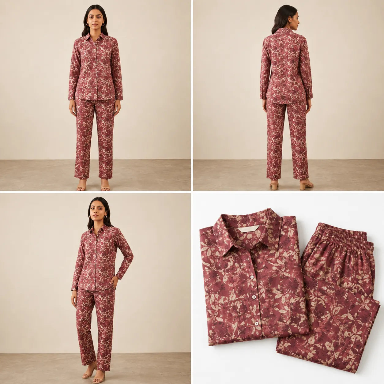 Women's Wine Floral Printed Shirt & Trouser Co-ord Set