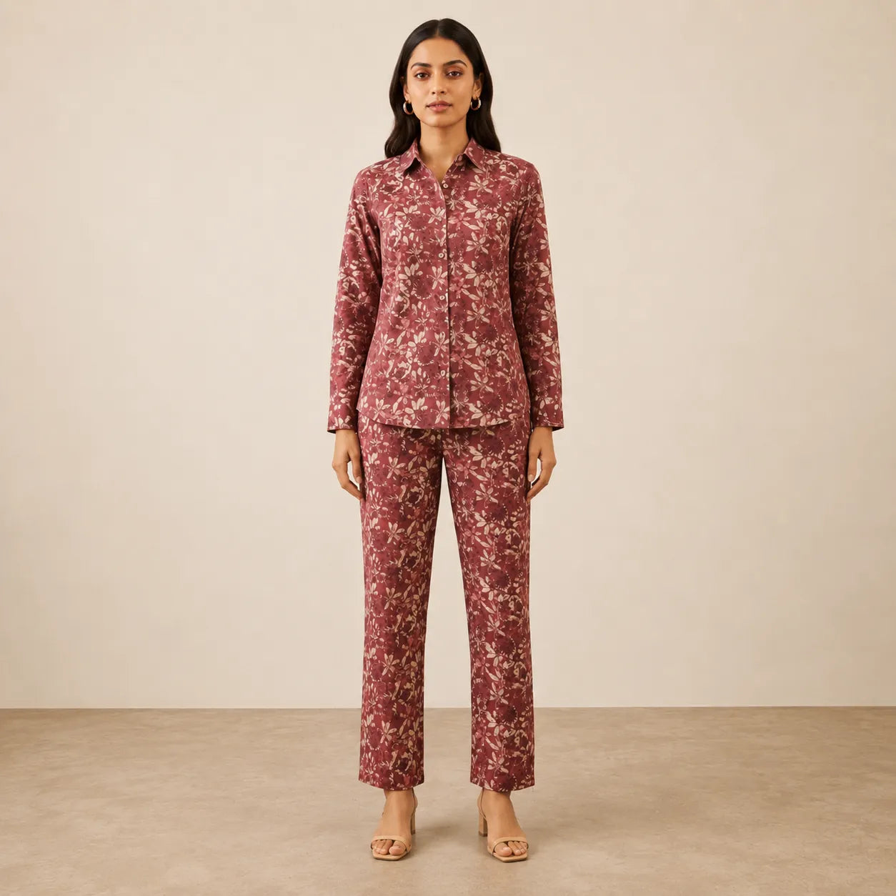 Women's Wine Floral Printed Shirt & Trouser Co-ord Set