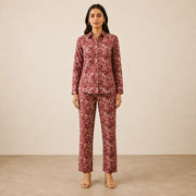 Women's Wine Floral Printed Shirt & Trouser Co-ord Set