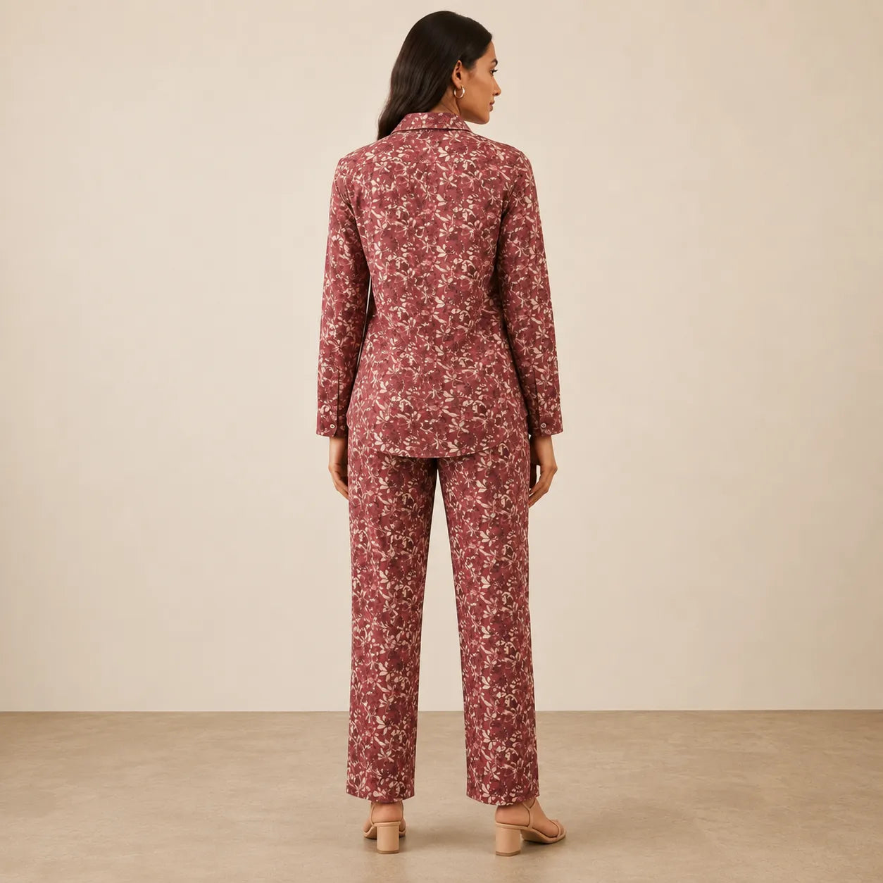 Women's Wine Floral Printed Shirt & Trouser Co-ord Set