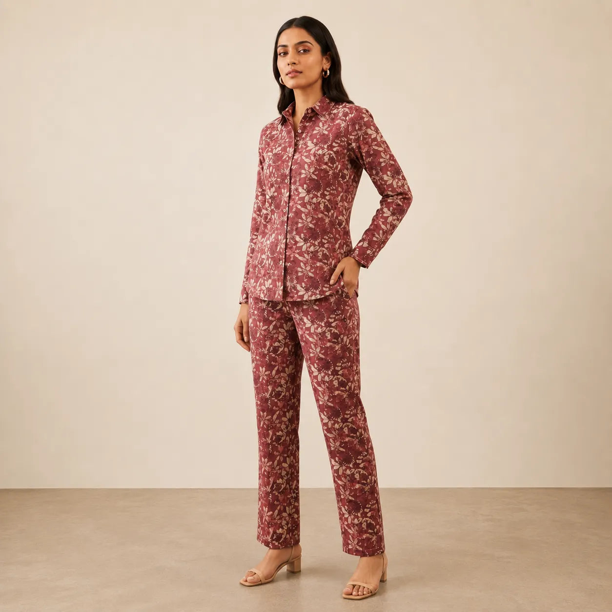 Women's Wine Floral Printed Shirt & Trouser Co-ord Set
