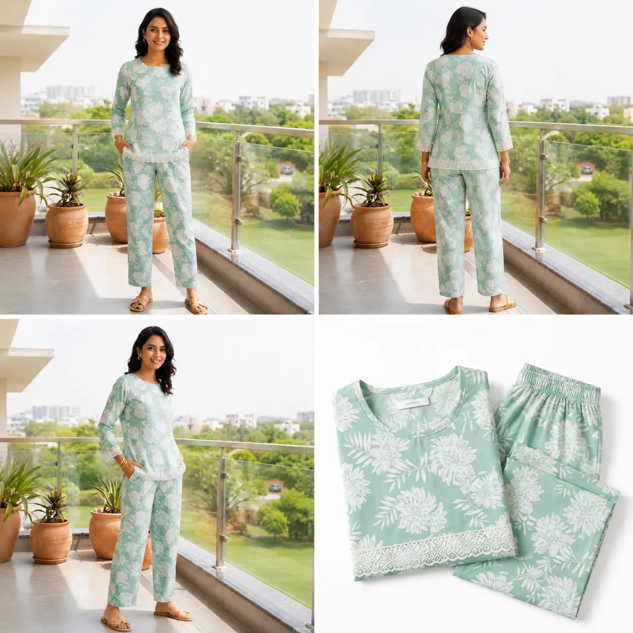 Women's Mint Green Floral Printed Lounge Co-ord Set
