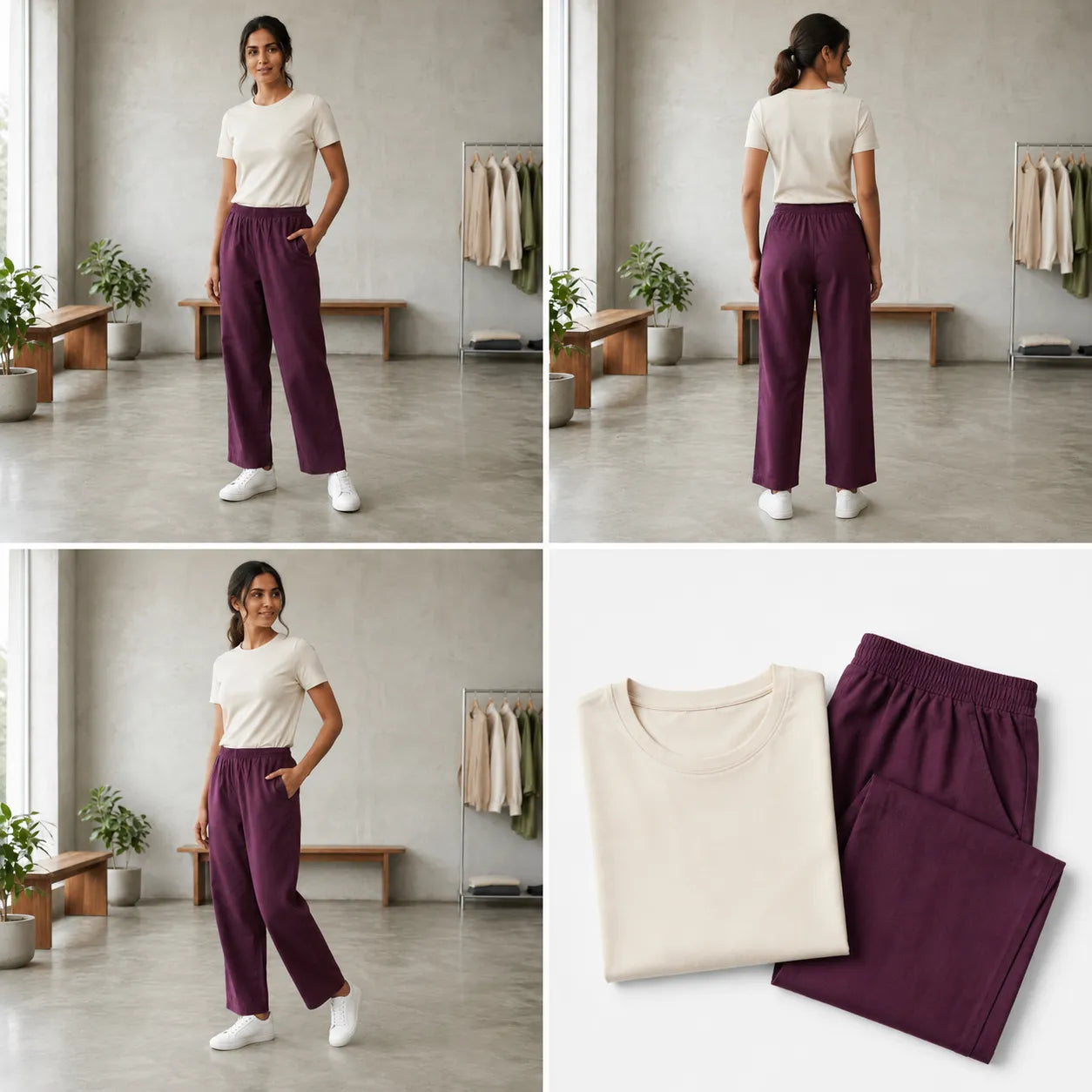 Women's Basic White T-Shirt with Plum Wide Leg Lounge Pants
