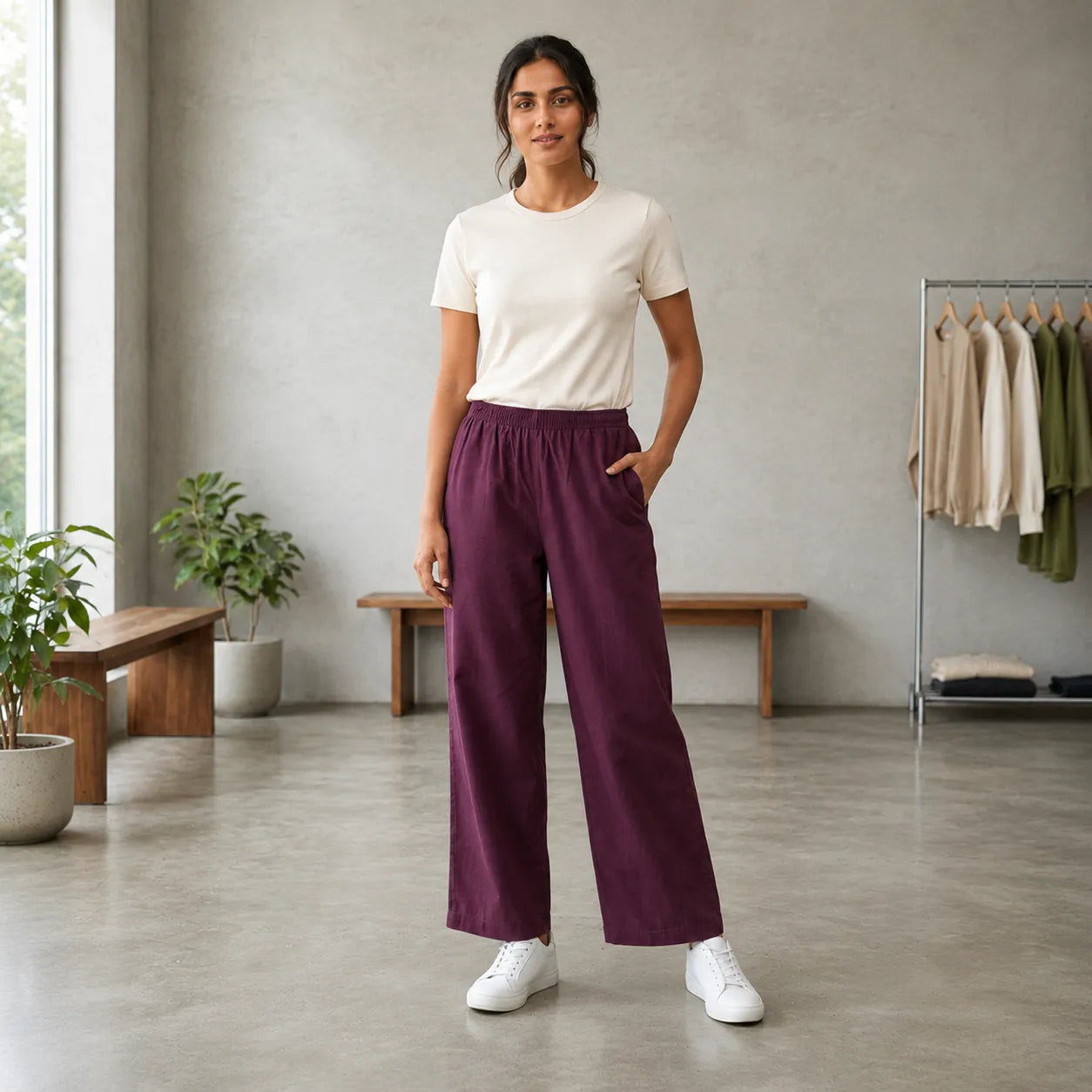 Women's Basic White T-Shirt with Plum Wide Leg Lounge Pants