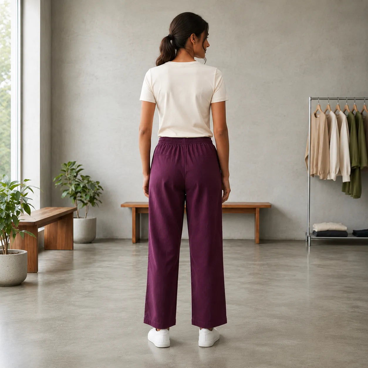 Women's Basic White T-Shirt with Plum Wide Leg Lounge Pants