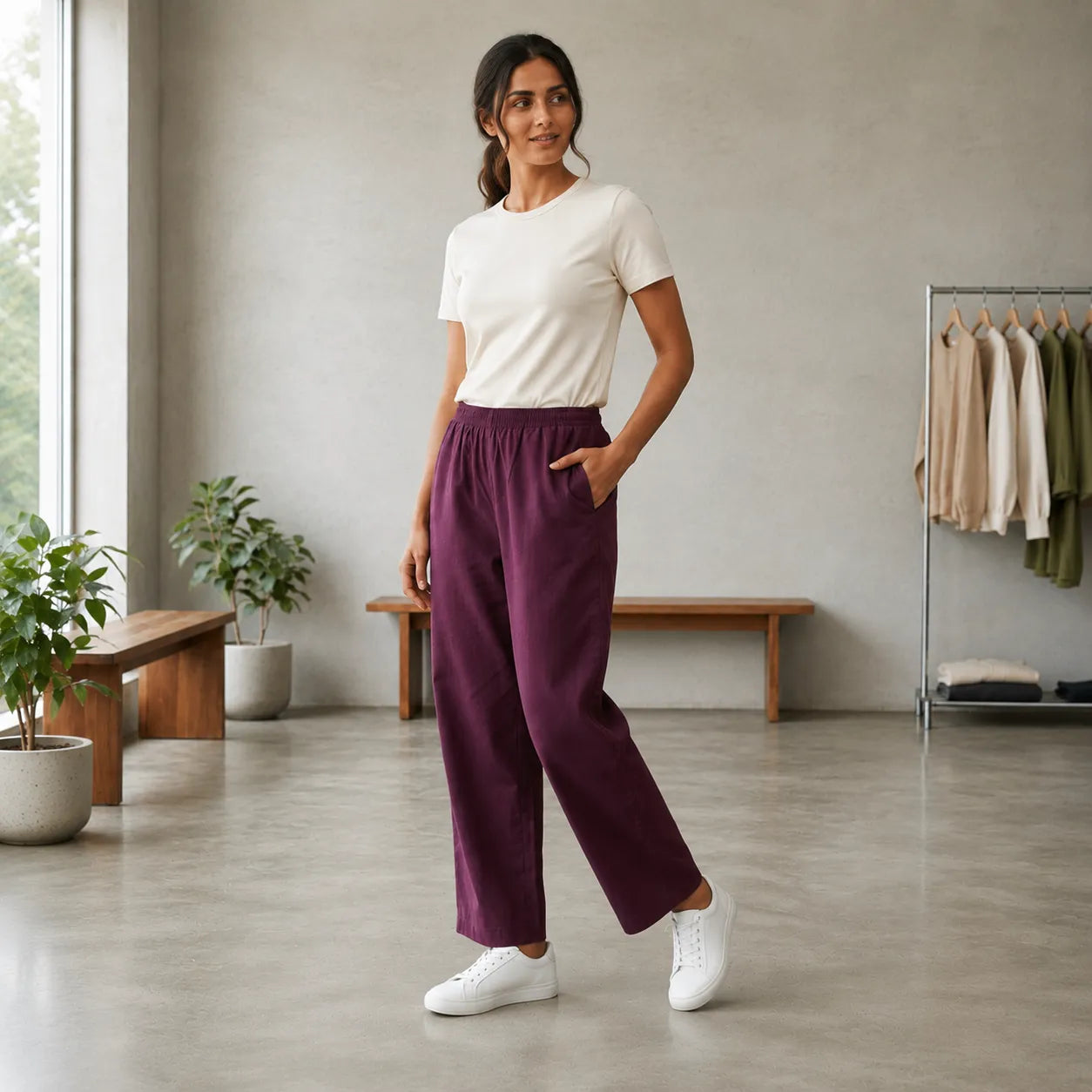 Women's Basic White T-Shirt with Plum Wide Leg Lounge Pants